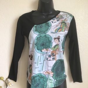 Asian themed long sleeve shirt asymmetric neckline